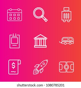 Premium set with outline vector icons. Such as badge, search, terminal, transport, stadium, date, bag, label, time, web, banner, science, airport, event, shuttle, glass, day, magnifying, calendar, bus