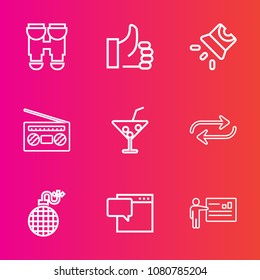 Premium set with outline vector icons. Such as projection, drink, chat, vision, up, meeting, discovery, view, movie, sound, instrument, people, presentation, optical, hand, juice, success, danger