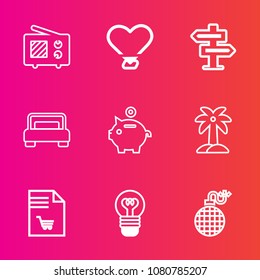 Premium set with outline vector icons. Such as electric, leaf, wireless, explosion, bulb, list, finance, bed, palm, electricity, supermarket, double, nature, market, dont, room, money, bomb, shape