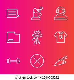Premium set with outline vector icons. Such as sport, internet, gym, satellite, astronaut, video, paper, cosmos, print, astronomy, space, spaceman, retro, workout, spacesuit, tripod, orbit, file, web