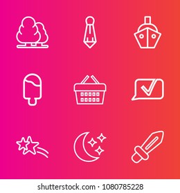Premium set with outline vector icons. Such as landscape, weapon, tie, star, falling, market, shirt, dessert, communication, pine, food, wood, sweet, sale, ship, tree, business, professional, green