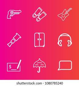 Premium set with outline vector icons. Such as gun, musical, military, cabinet, space, night, rain, check, speech, cupboard, astronomy, war, open, business, pen, watch, home, music, pistol, sound, spy
