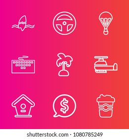 Premium set with outline vector icons. Such as technology, aviation, jump, home, house, surf, science, surfer, leaf, computer, drink, laboratory, helicopter, summer, sea, laptop, medicine, frame, lab