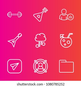Premium set with outline vector icons. Such as sport, business, strength, fit, network, wooden, status, string, white, technology, physical, art, melody, blank, office, barbell, instrument, social