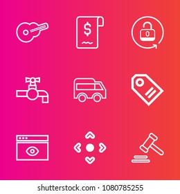 Premium set with outline vector icons. Such as price, open, tap, direction, logo, move, sale, musical, sound, music, water, technology, computer, estate, window, concert, justice, highway, lock, rock