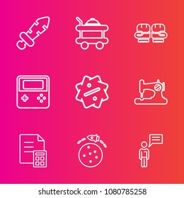 Premium set with outline vector icons. Such as sign, bed, weapon, competition, chat, rocket, ancient, banking, white, steel, business, discount, web, battle, service, person, glove, sale, antique, war