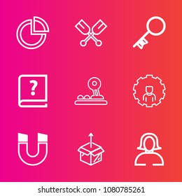 Premium set with outline vector icons. Such as online, technology, magnetic, key, sign, oar, young, pole, button, graph, chart, girl, paper, paddle, rowing, sport, pie, field, lady, sea, science, web