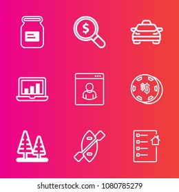 Premium set with outline vector icons. Such as real, forest, chart, document, can, risk, car, tree, vehicle, luck, aluminum, environment, house, laptop, boat, paddle, computer, canoe, metal, oar, game