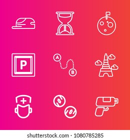 Premium set with outline vector icons. Such as medicine, cash, vehicle, sand, position, time, map, game, hat, destination, gun, hour, timer, travel, finance, clothing, eiffel, street, car, planet, cap