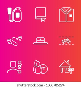 Premium set with outline vector icons. Such as head, danger, safety, property, red, personal, fire, cycle, sport, hat, game, book, business, transportation, emergency, travel, tshirt, pin, bicycle