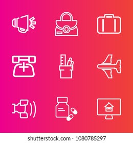 Premium set with outline vector icons. Such as office, telephone, loudspeaker, modern, sound, voice, work, leather, baggage, vitamin, equipment, style, technology, plane, property, speaker, house, bag