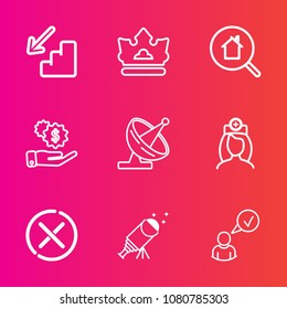 Premium set with outline vector icons. Such as sky, property, stop, king, technology, house, complete, care, night, money, stairs, upstairs, online, satellite, real, star, internet, no, business, dish