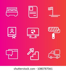 Premium set with outline vector icons. Such as truck, chat, furniture, lorry, address, personal, tool, up, document, brush, identification, upstairs, office, roller, home, interior, bubble, downstairs