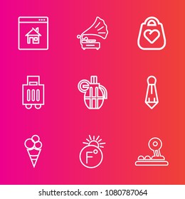 Premium set with outline vector icons. Such as house, temperature, hand, internet, dessert, luggage, baggage, fahrenheit, real, war, button, weapon, music, buy, property, home, player, online, record