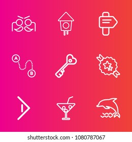 Premium set with outline vector icons. Such as garden, juice, celebration, fun, business, position, map, home, drink, party, point, house, arrow, ocean, carnival, button, nature, cocktail, way, bird
