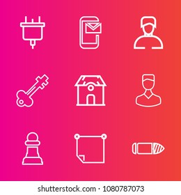 Premium set with outline vector icons. Such as note, strategy, house, business, home, estate, military, power, architecture, phone, plug, horizontal, paper, male, vintage, communication, bullet, chess