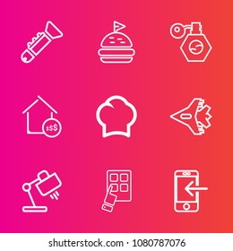 Premium set with outline vector icons. Such as home, airplane, cook, interior, house, meal, bread, internet, lettuce, device, orchestra, tomato, property, bottle, chef, mobile, food, chief, instrument