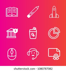 Premium set with outline vector icons. Such as bank, drink, achievement, money, glass, presentation, textbook, book, stationery, chart, pie, device, pencil, science, shuttle, business, space, computer