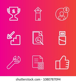 Premium set with outline vector icons. Such as victory, concept, downstairs, upstairs, find, usb, down, ribbon, plug, accounting, equipment, award, wrench, banking, competition, europe, place, finance