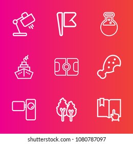 Premium set with outline vector icons. Such as light, open, book, click, modern, medicine, movie, flag, camera, snack, soccer, america, technology, country, food, sport, decoration, equipment, fast, 