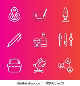 Premium set with outline vector icons. Such as education, technology, circle, display, pointer, hand, payment, table, grass, summer, navigation, pen, white, drink, money, interior, center, picnic, red