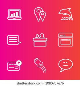 Premium set with outline vector icons. Such as laptop, kitchen, chat, data, currency, wild, spaceship, money, animal, meeting, food, navigation, bubble, cash, road, nature, wildlife, pin, graph, sign