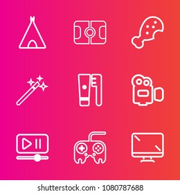 Premium set with outline vector icons. Such as adventure, technology, wizard, game, goal, travel, tent, food, clean, fast, button, nature, outdoor, stadium, screen, landscape, tourism, arrow, camp