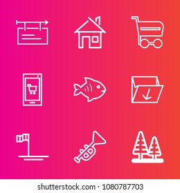 Premium set with outline vector icons. Such as shop, building, technology, seafood, waste, ocean, template, mexico, trumpet, mobile, fish, sea, banner, online, advertisement, musical, phone, tree, buy