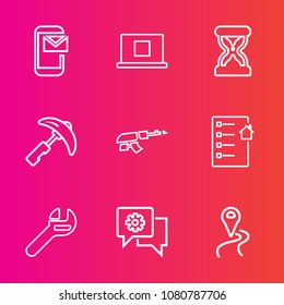 Premium set with outline vector icons. Such as communication, road, gun, tool, crane, chat, message, spanner, phone, picking, map, contact, army, sign, equipment, machine, document, military, profile
