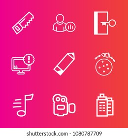 Premium set with outline vector icons. Such as door, handle, musical, travel, internet, social, network, web, escape, building, tune, communication, estate, pen, sign, equipment, melody, sound, media