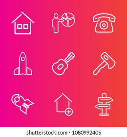 Premium set with outline vector icons. Such as apartment, bomb, new, shuttle, screwdriver, falling, building, construction, businesswoman, direction, nuclear, mobile, property, space, meeting, female