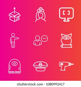Premium set with outline vector icons. Such as sign, laptop, health, pointing, navy, female, computer, hand, package, delete, medical, user, care, unpacking, healthcare, account, alien, hat, bird, box