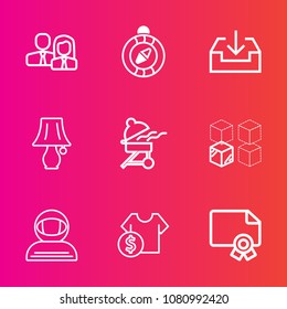 Premium set with outline vector icons. Such as diploma, light, package, certificate, direction, cost, person, switch, barbecue, cooking, staff, shop, table, space, business, people, house, south, web