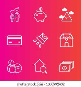 Premium set with outline vector icons. Such as mountain, estate, blue, investment, ball, chain, banking, man, landscape, home, video, business, house, economy, development, finance, bank, card, movie