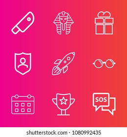 Premium set with outline vector icons. Such as day, culture, gift, reward, space, help, present, timetable, egypt, calendar, glasses, pharaoh, security, giftbox, danger, optical, launch, cook, safety