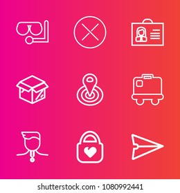 Premium set with outline vector icons. Such as style, cycle, airport, sport, email, location, glass, beach, person, center, close, medal, message, scuba, object, woman, success, mask, luggage, package