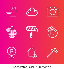 Premium set with outline vector icons. Such as hand, lot, property, sale, car, cloud, estate, equipment, grenade, brush, rent, wand, apartment, buy, house, tool, technology, vehicle, mortgage, scale