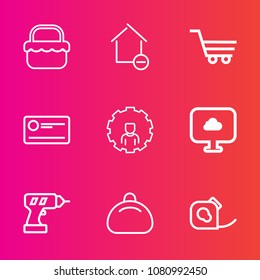 Premium set with outline vector icons. Such as cheque, room, retail, leather, mobile, payment, money, grass, property, basket, new, removal, internet, summer, nature, home, tape, shop, outdoor, cart