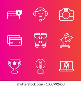 Premium set with outline vector icons. Such as internet, plastic, support, banking, first, handle, card, vision, office, wealth, technology, headset, lamp, people, interior, creative, finance, money