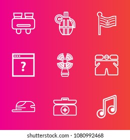 Premium set with outline vector icons. Such as travel, aid, fashion, page, concept, wear, note, hand, equipment, beacon, unknown, grenade, national, war, spy, business, emergency, white, weapon, see
