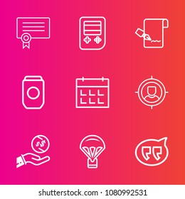 Premium set with outline vector icons. Such as marketing, jump, technology, chat, concept, web, honor, pen, diploma, template, bubble, timetable, finance, document, tin, aluminum, elegant, extreme