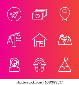 Premium set with outline vector icons. Such as egyptian, email, coin, house, location, egypt, phone, nature, center, pharaoh, mountain, currency, sky, map, internet, sign, weight, culture, web, road