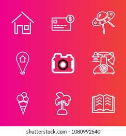 Premium set with outline vector icons. Such as bank, white, summer, book, call, cream, spaceship, credit, vintage, balance, travel, property, education, technology, sweet, tropical, literature, pin
