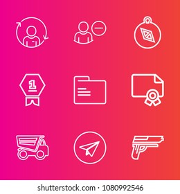 Premium set with outline vector icons. Such as man, firearm, quality, gun, certificate, sign, message, person, north, first, dumper, winner, communication, truck, frame, handgun, email, pistol, delete