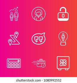 Premium set with outline vector icons. Such as lock, chat, success, young, route, message, woman, portrait, calculator, speech, female, beautiful, computer, security, road, bubble, creative, growth