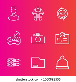 Premium set with outline vector icons. Such as help, camera, gun, support, human, car, hat, military, culture, phone, bullet, operator, ancient, paper, business, user, id, travel, social, customer
