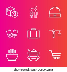 Premium set with outline vector icons. Such as weight, cart, retail, delivery, sport, shop, bag, shipping, saw, luggage, underwater, hotel, dish, sea, career, progress, motivation, container, soup