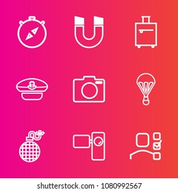 Premium set with outline vector icons. Such as office, magnetic, video, nautical, west, business, north, trip, suitcase, captain, extreme, equipment, technology, travel, movie, bomb, task, jump, fire