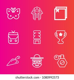 Premium set with outline vector icons. Such as culture, beauty, archeology, achievement, character, pump, first, shovel, document, nature, fashion, happy, cold, construction, fly, insect, place, drink
