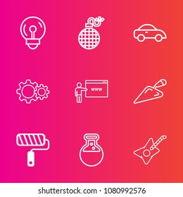 Premium set with outline vector icons. Such as car, light, energy, music, action, transport, explosive, paint, brush, tool, medicine, fire, flame, explode, travel, guitar, construction, roller, idea